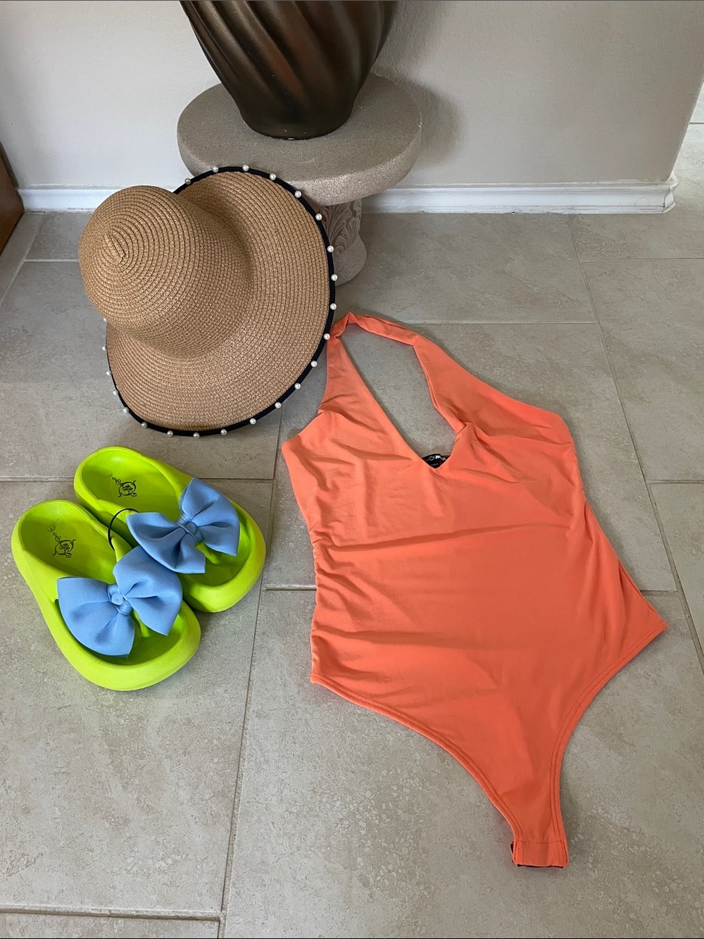 FASHION NOVA  Halter Coral center snap bodysuit/Swimwear Ruched Ladies SZ L